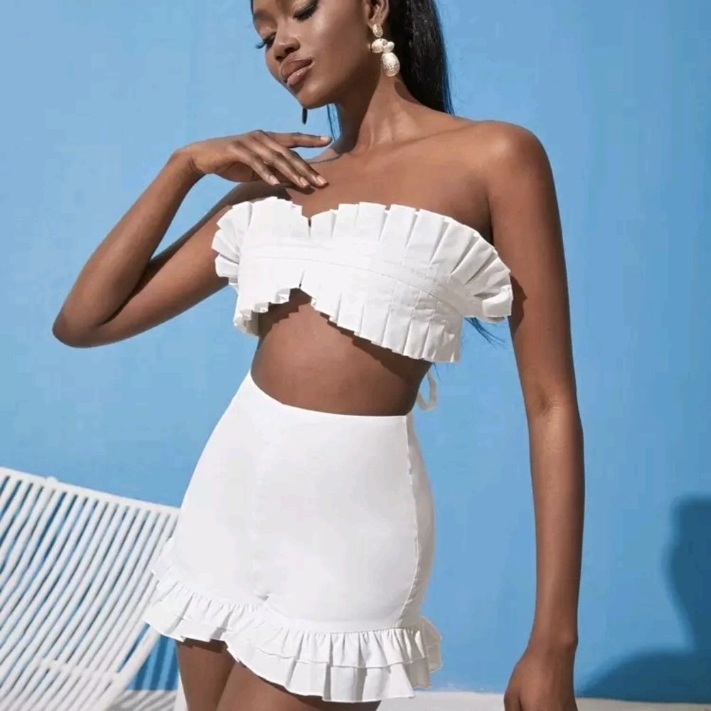 Elegant White Ruffle Short Set